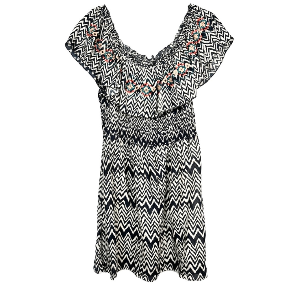 En Creme Mini Dress Chevron Floral Off the Shoulder Multicolor Size Small